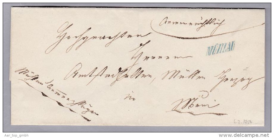 Heimat AG Mühlau 1856-02-06 Blau Kursiv-Lang Stempel Auf Amtlich Briefhülle Nach Muri - ...-1845 Vorphilatelie