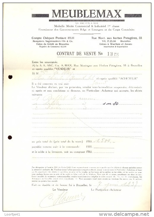 Factuur Facture Brief Lettre  - Meublemax - Contrat De Vente - Bruxelles 1937 - 1900 – 1949