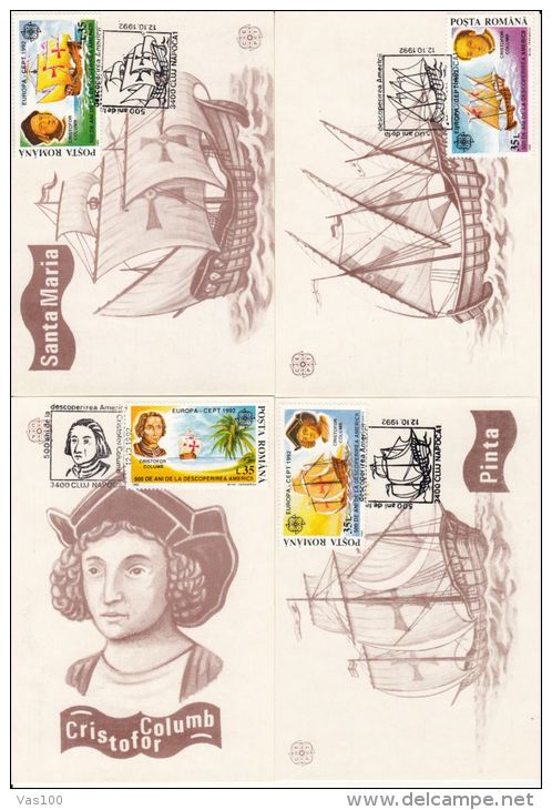 CHRISTOPHER COLUMBUS, SANTA MARIA SHIP, EUROPA CEPT, AMERICA, CM, MAXICARD, CARTES MAXIMUM, 4X, 1992, ROMANIA - Cristóbal Colón