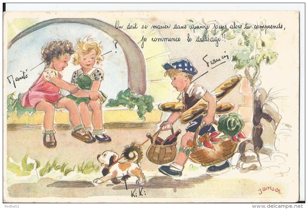 CPSM - Carte Illustrée - Signée Janser - Garcon Avec Son Chien Passe Devant Deux Fillettes - Janser