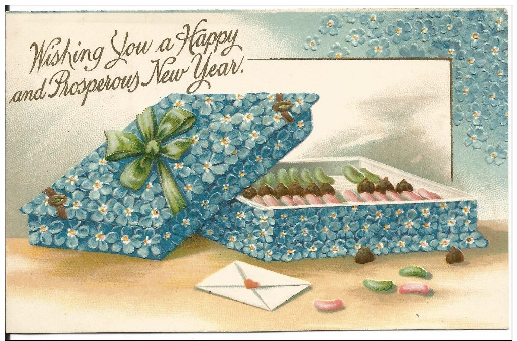 316. Embossed Greeting Postcard With Box Of Candy And Violets Printed In Germany - New Year