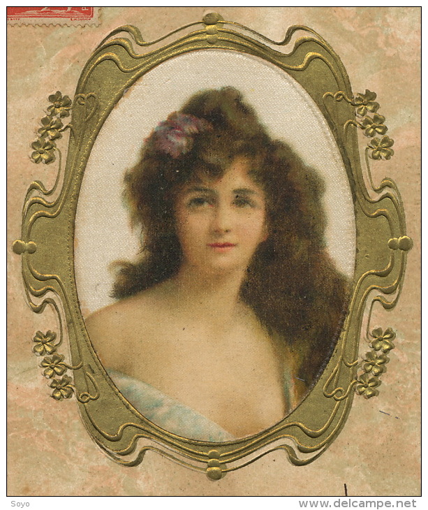 Carte Peinte Soie Art Nouveau Gaufrée Dorée Belle Femme Hand Painted Silk Embossed Golden - Autres & Non Classés