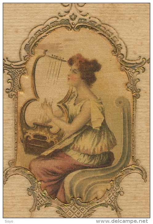 Carte Peinte Soie Art Nouveau Gaufrée Dorée Belle Femme Lyre Hand Painted Silk Embossed Golden - Autres & Non Classés