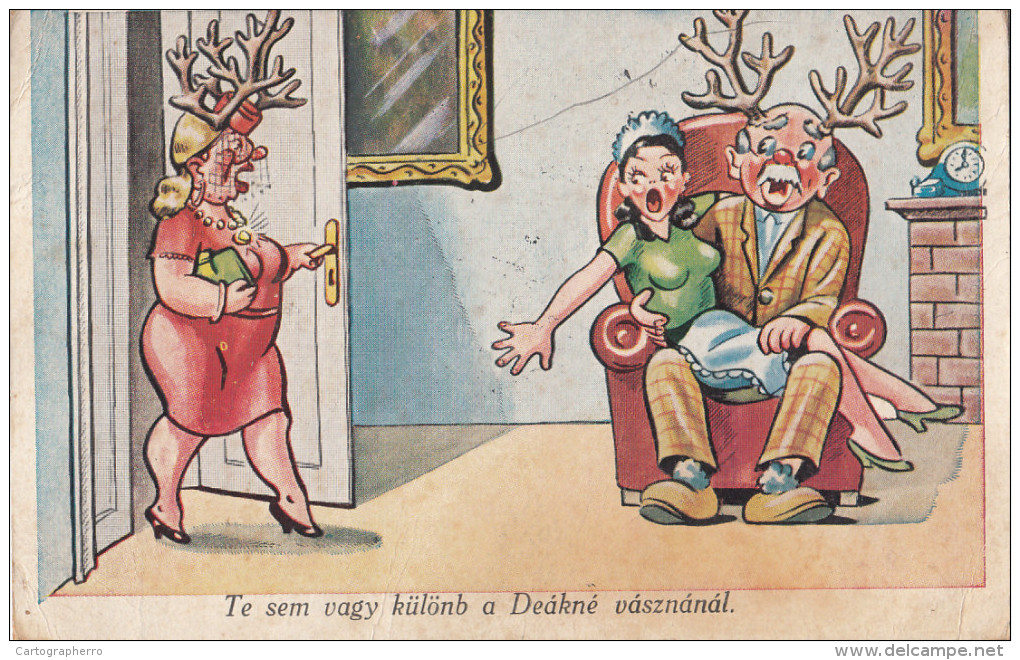 Wife Catch Husband With Mistress Domastic Comic Satire Postcard 48 - Humour