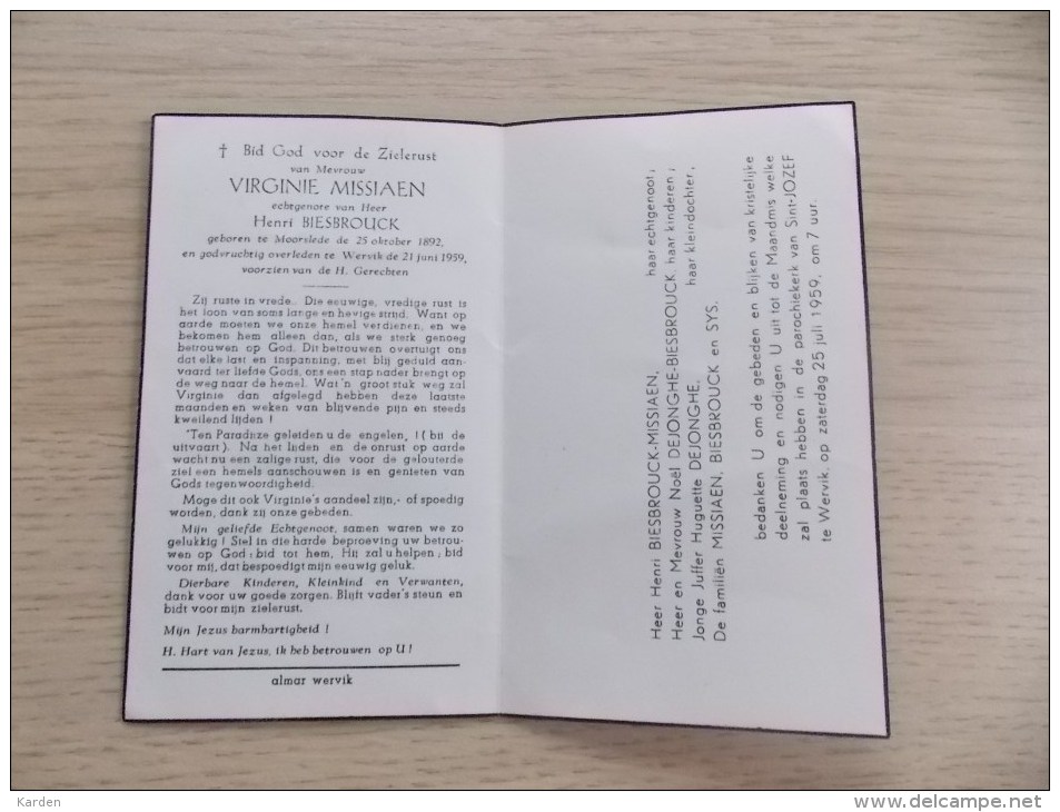 Doodsprentje Virginie Missiaen Moorslede 25/10/1892 Wervik 21/6/1959 ( Henri Biesbrouck ) - Religión & Esoterismo