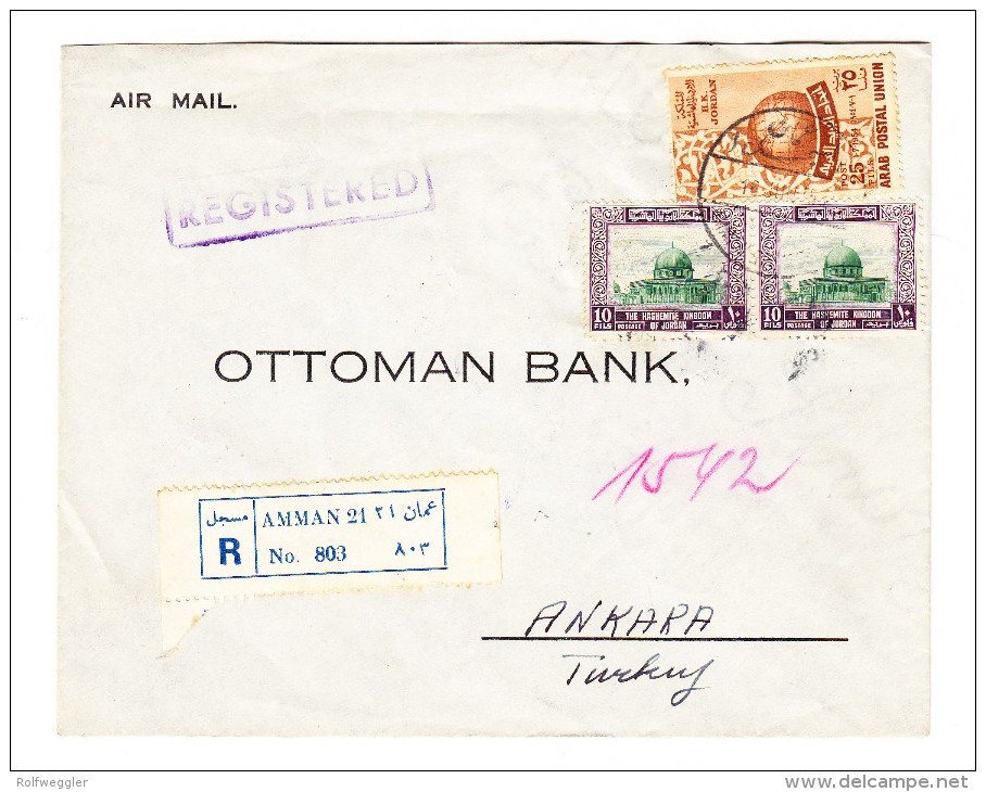 1954/55 Mi# 295 + 313 Auf Luftpost R-Brief Aus Amman Nach Ankara - Durchgangs Und AK.-Stempel - Jordanie