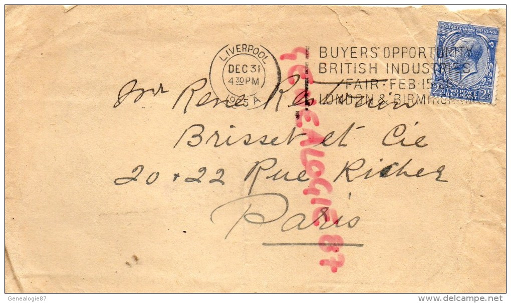 ROYAUME UNI- ANGLETERRE- ENVELOPPE RECOMMANDEE-1925- R. RESTOIN -BRISSET PARIS- LIVERPOOL - Ver. Königreich