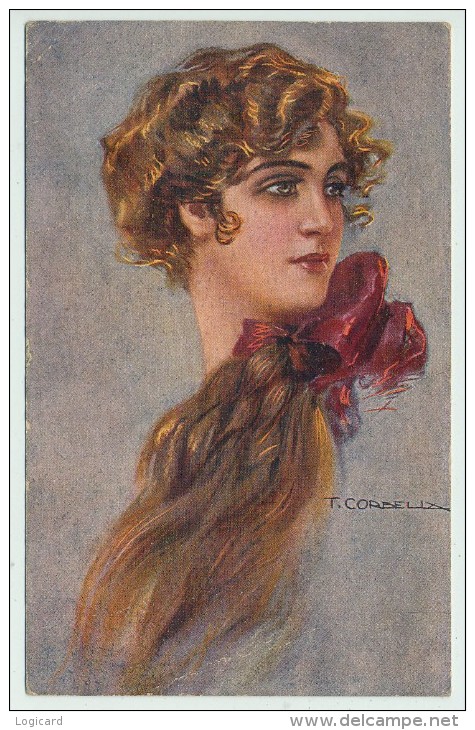 ILLUSTRATORE T. CORBELLA - DONNA CON FIOCCO ROSSO, 1918 - Corbella, T.
