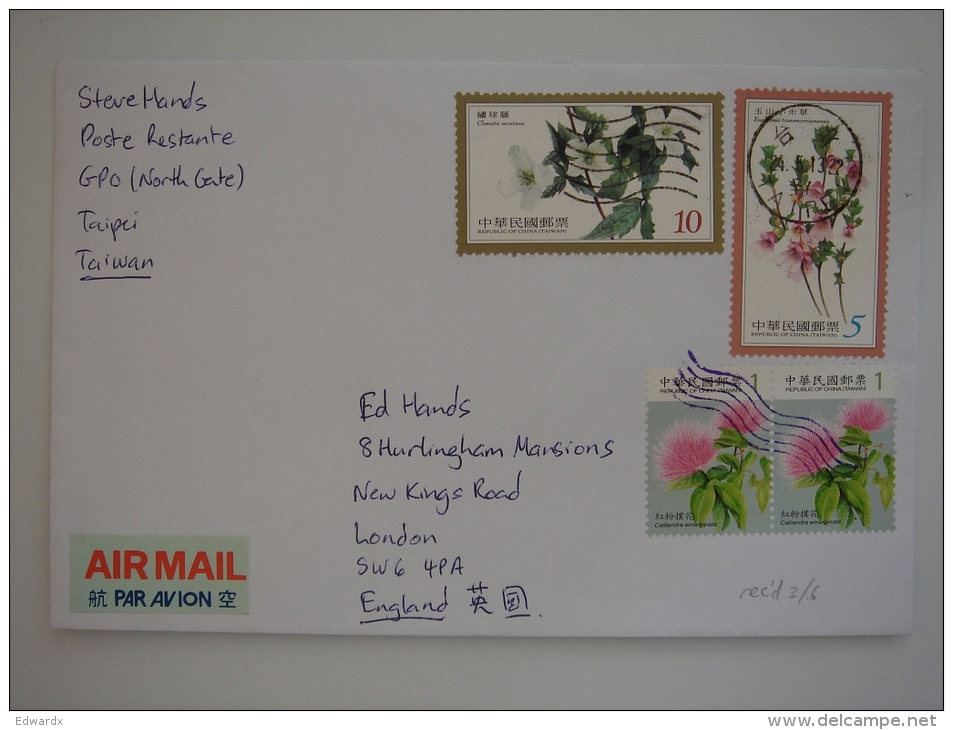 Taiwan 2013 Commercial Cover To UK Nice Stamps Flowers #1 - Covers & Documents