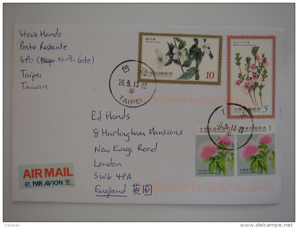 Taiwan 2013 Commercial Cover To UK Nice Stamps Flowers #2 - Covers & Documents