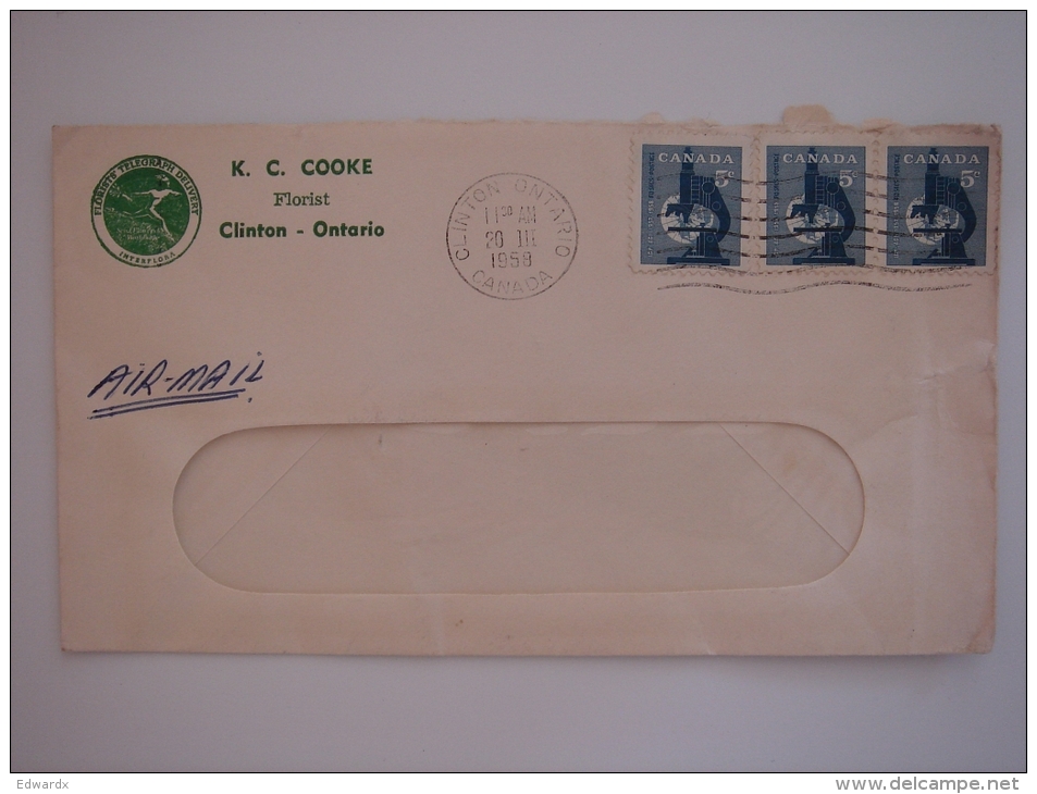 Canada 1958 Airmail Commercial Cover Clinton ON To UK 5c X3 Stamp KC Cooke Florist + Help Crippled Children Seals - Covers & Documents