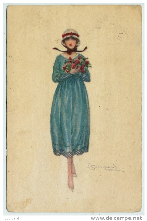 ILLUSTRATORE  - BOMPARD DONNA CON VESTITO AZZURRO E FIORI IN MANO 1920 - Bompard, S.