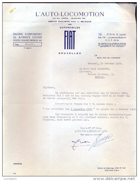 Factuur Facture Brief Lettre  - L´auto - Locomotion - FIAT - Bruxelles 1956 - Cars