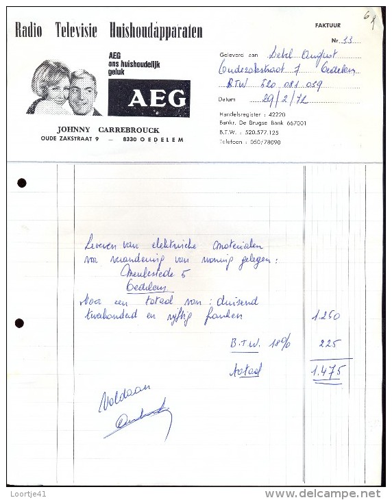 Factuur Facture Brief Lettre  - Radio Televisie AEG - Johnny Carrebrouck  Oedelem 1972 - 1950 - ...