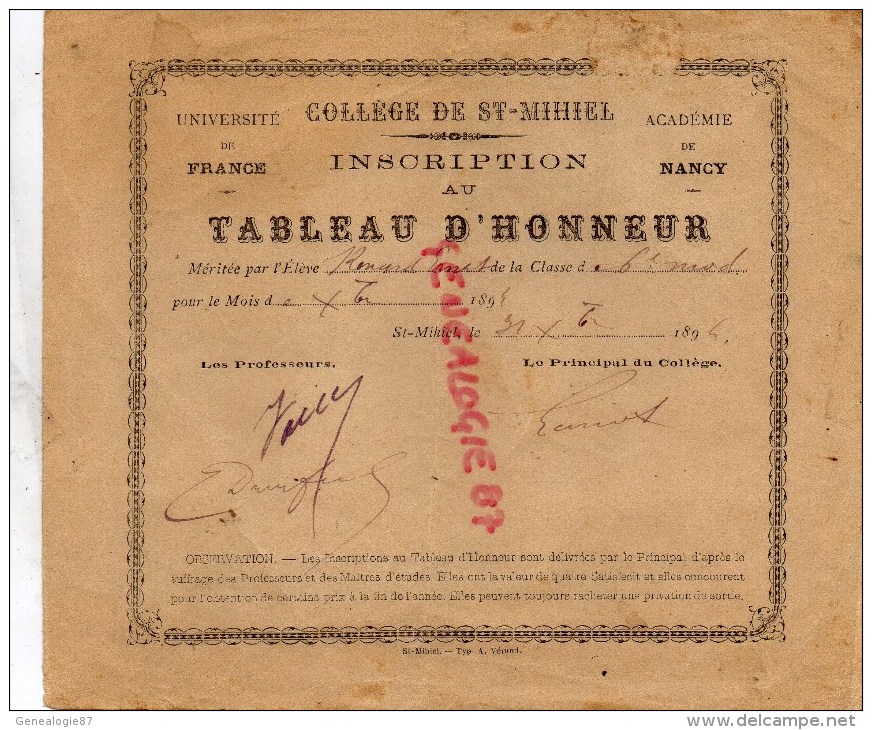 55 - SAINT MIHIEL - COLLEGE  INSCRIPTION AU TABLEAU D' HONNEUR- ERNEST RENARD  1894 - Diploma & School Reports