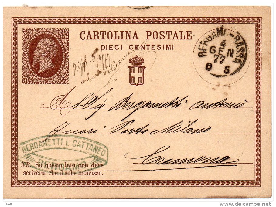 ITALIE ENTIER POSTAL CACHET BERGAMO-BASSA 1877 - Interi Postali