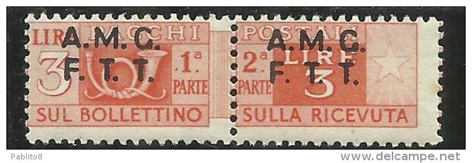 TRIESTE A 1947 1948 AMG-FTT SOPRASTAMPATO D'ITALIA ITALY OVERPRINTED PACCHI POSTALI LIRE 3 MNH VARIETY VARIETA' - Colis Postaux/concession