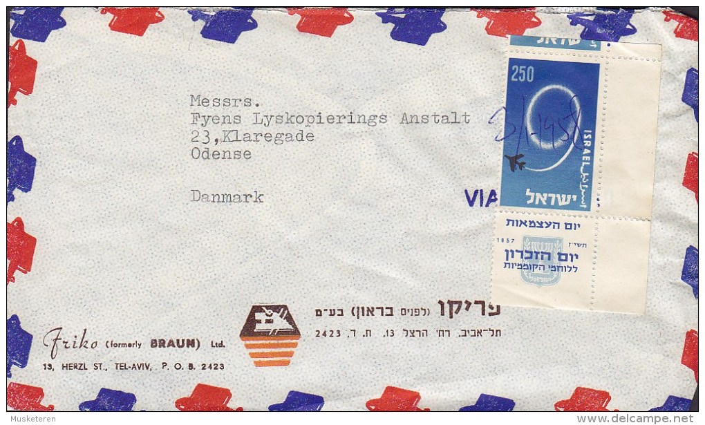 Israel Airmail Par Avion FRIKO (Formaly BRAUN), TEL-AVIV 1958 Cover Lettera ODENSE Denmark Independence W. Tab - Poste Aérienne