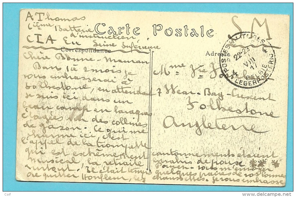 Kaart (HONFLEUR) Van "C.I. A Eu" (Camp D´instruction) Met Stempel Postes Militaires Belgique 4 (1917) - Marcas De La Armada