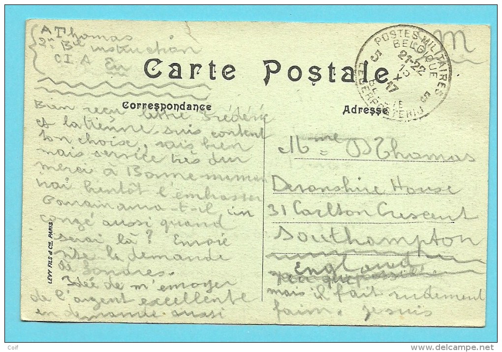 Kaart  Van "C.I. A Eu" (Camp D´instruction) Met Stempel Postes Militaires Belgique 5 Op 15/10/1917 - Marcas De La Armada