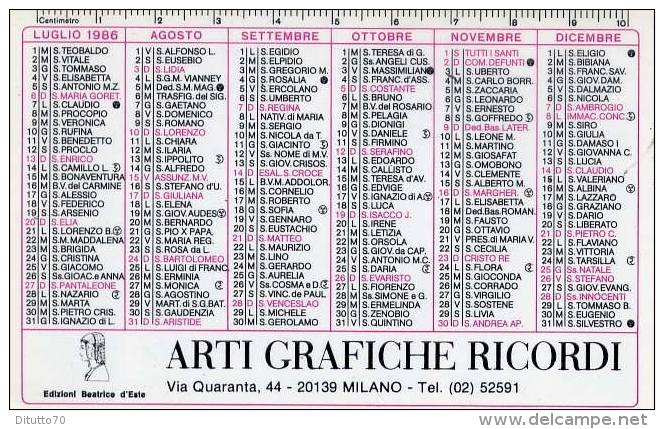 Calendarietto - Arti Grafiche Ricordi - Milano 1986 - Formato Piccolo : 1981-90