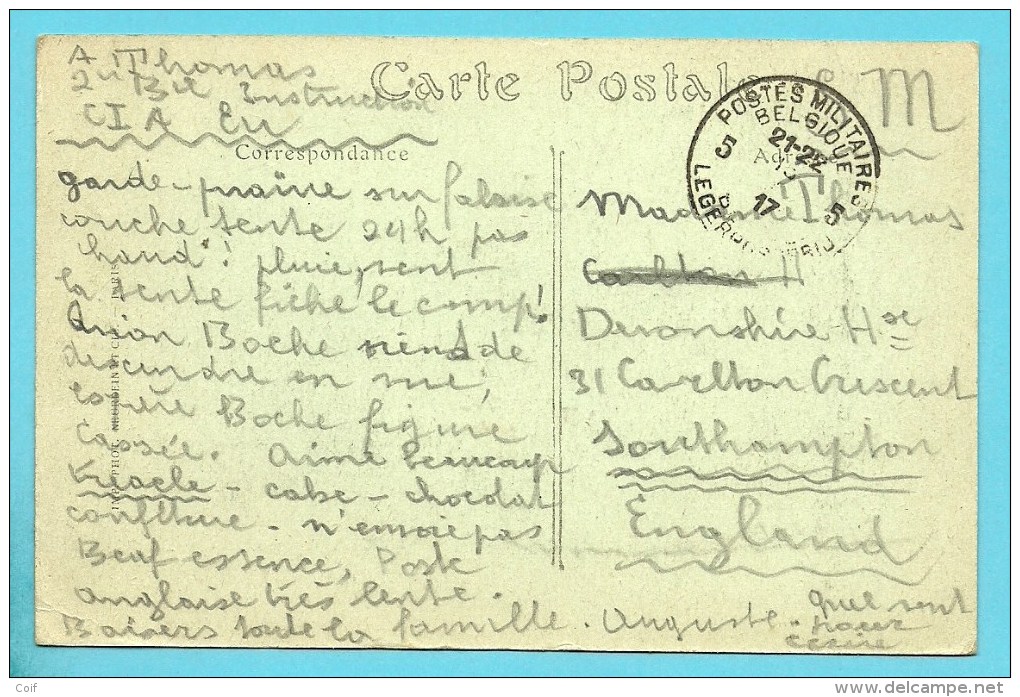 Kaart (LE TREPORT) Van "C.I. A Eu" (Camp D´instruction) Met Stempel Postes Militaires Belgique 5 (1917) - Esercito