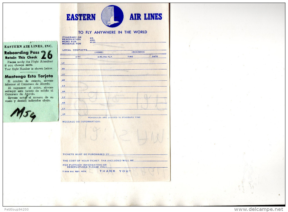 EASTERN AIR LINES  Mémo Pour Message + Remontée à Bord   Mémo For Message+Reboarding Pass   Année 1952 - Andere & Zonder Classificatie