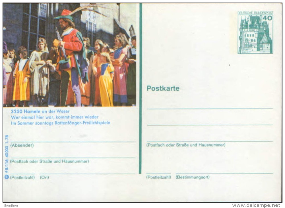 Deutschland/Germany- Postal Stationery Postcard 1978,unused - P125 ; Hameln On The Weser. - Postkarten - Ungebraucht