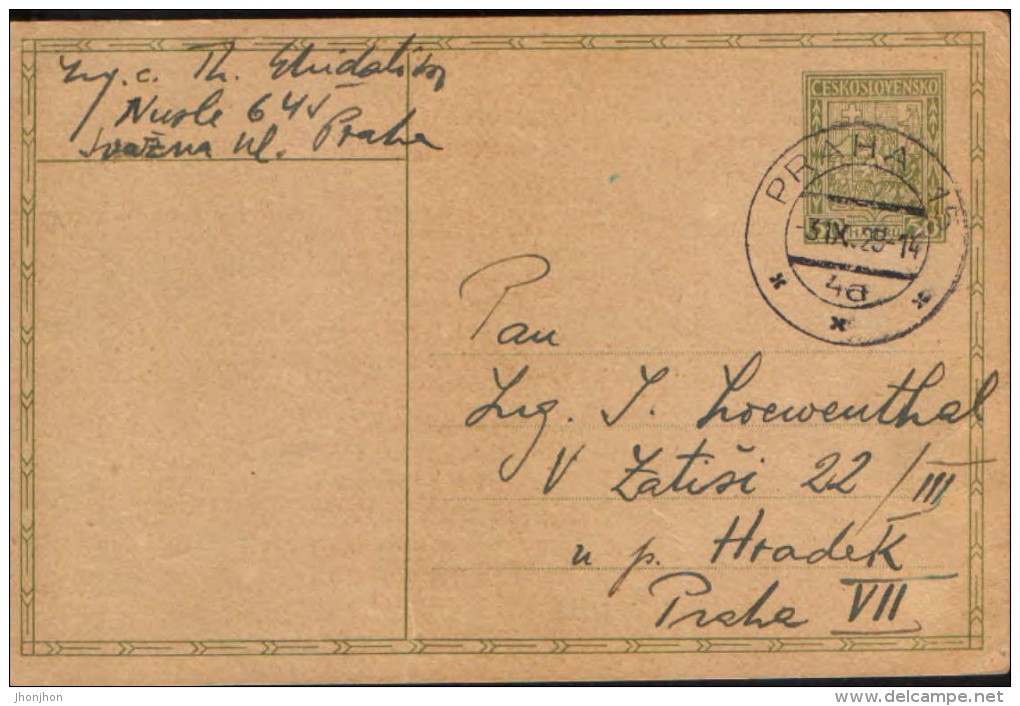 Czechoslovakia- Postal Stationery Postcard 1929 - - Cartes Postales