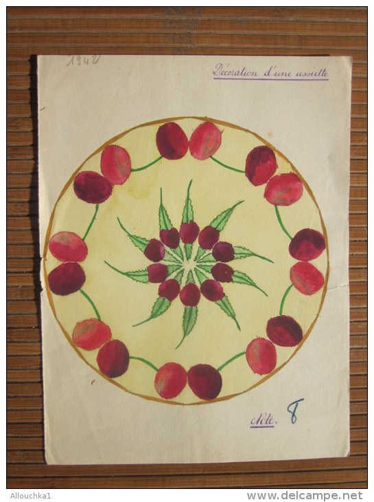 Dessin Peint à La Gouache (original Réalisé 1942 élève Cours Supé 2é A Thème :cerise Set De Prunes Décoration - Gouaches