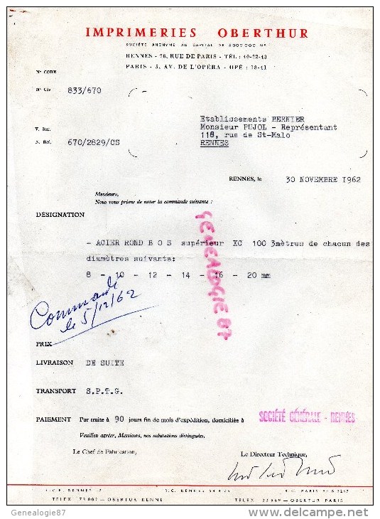 35 - RENNES - 75- PARIS - FACTURE IMPRIMERIE OBERTHUR- 78 RUE DE PARIS - 1962 - Imprenta & Papelería