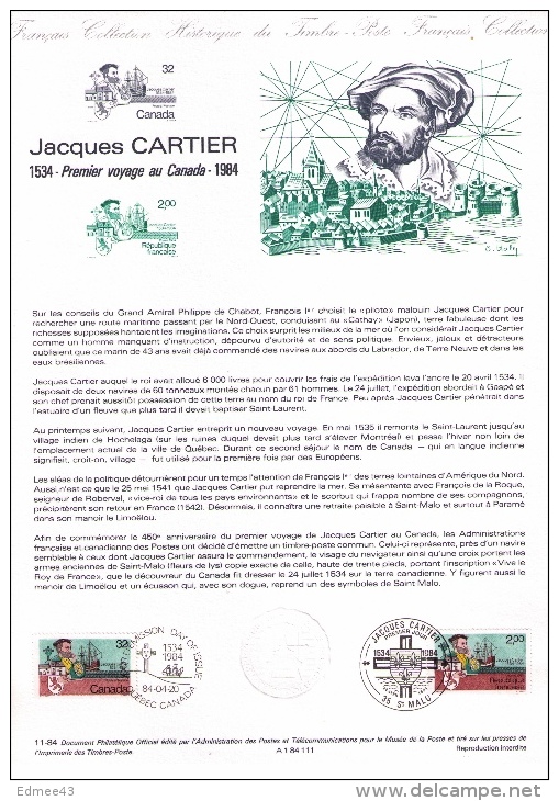 Document Philatélique Officiel « Premier Jour » Jacques Cartier, Premier Voyage Au Canada (1534), Québec, 1984 - Explorers