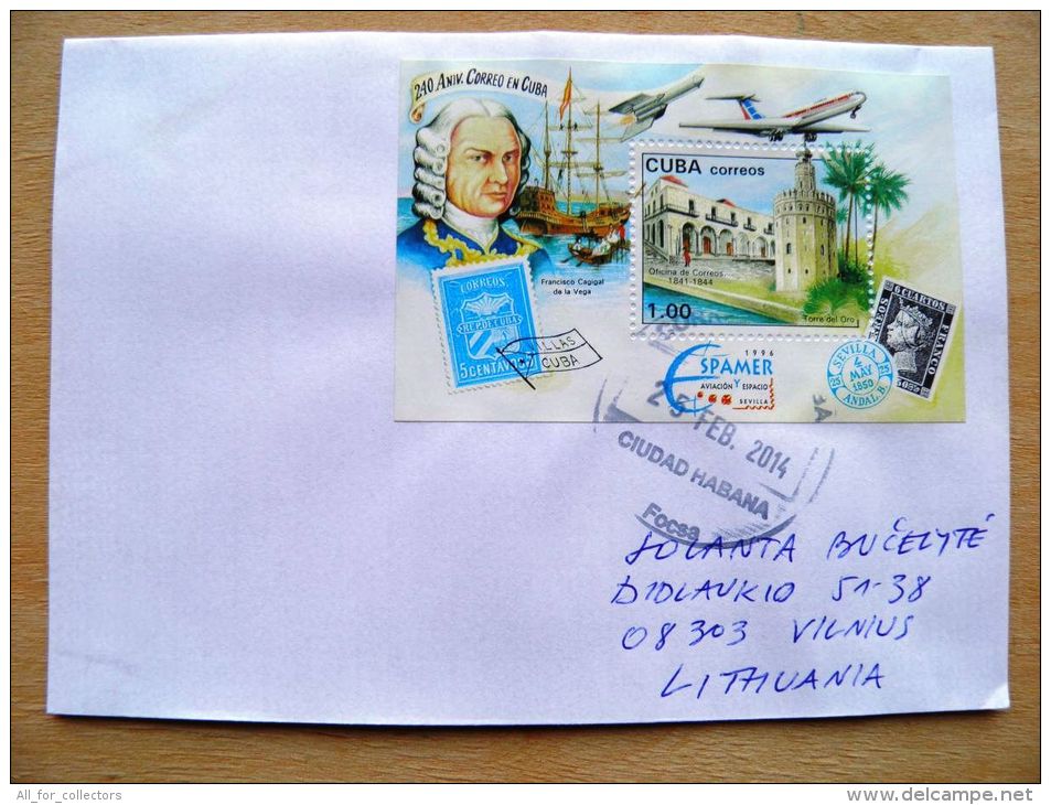 Postal Used Cover Sent  To Lithuania, Stamp On Stamp Plane Ship Rocket Vega Torre Del Oro - Lettres & Documents