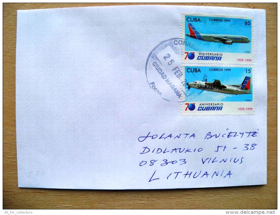 Postal Used Cover Sent  To Lithuania, Plane Avion 1999 Cubana 70 Aniversario - Covers & Documents