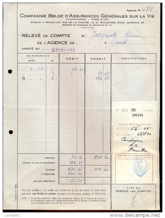 Factuur Facture Brief Lettre  - Compagnie Belge D'assurances Générales - Bruxelles 1943 - 1900 – 1949