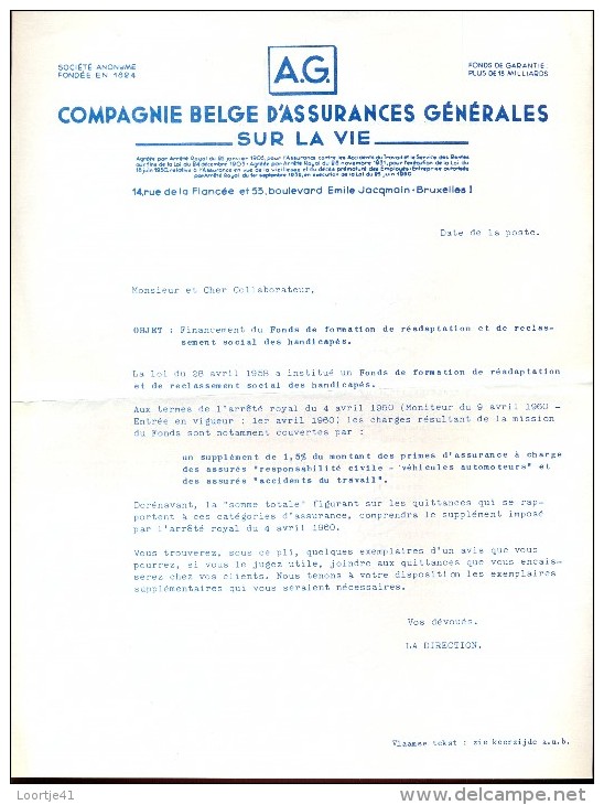 Factuur Facture Brief Lettre  - Verzekeringen Assurances AG - Bruxelles 1960 - Bank & Versicherung