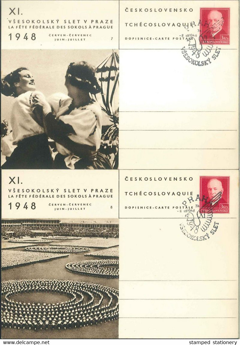 CESKOLOVENSKO 8 POSTCARDS 3,00 Kcs VSESOKOLSKY SLET V PRAZE 1948 'FÊTE DE SOKOLS' 8.7.1948 FDC - MICHEL P103 - Cartes Postales