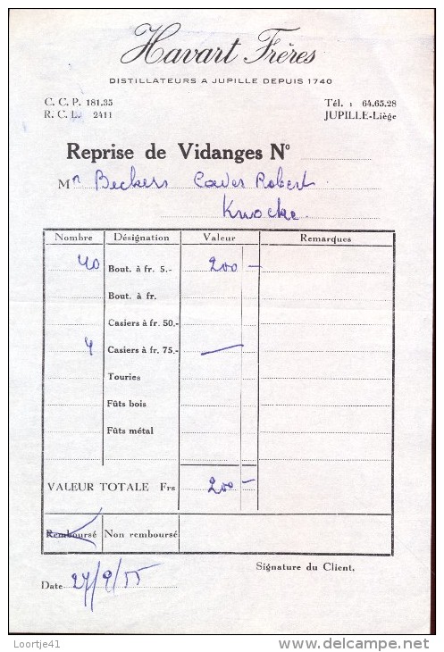 Factuur Facture Brief Lettre  - Havart Frères - Jupille 1955 - - Artigianato