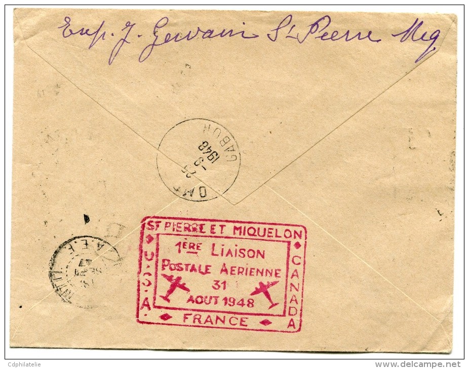 ST PIERRE ET MIQUELON FRANCE LIBRE  LETTRE RECOMMANDEE DEPART ST PIERRE ET MIQUELON 31-8-1948 POUR LE GABON - Storia Postale