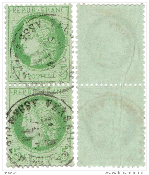 N°53 Paire Verticale - Obl. Assemblée Nationale (impression Légende REP Timbre Du Haut Légèrement Altéré) - 1871-1875 Ceres