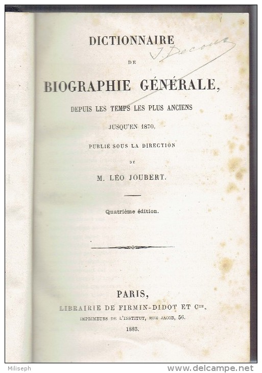 DICTIONNAIRE DE BIOGRAPHIE GENERALE - 1883 - Publié Sous La Direction De Léo JOUBERT - Librairie FIRMIN DIDOT Cie (3582) - Dictionnaires