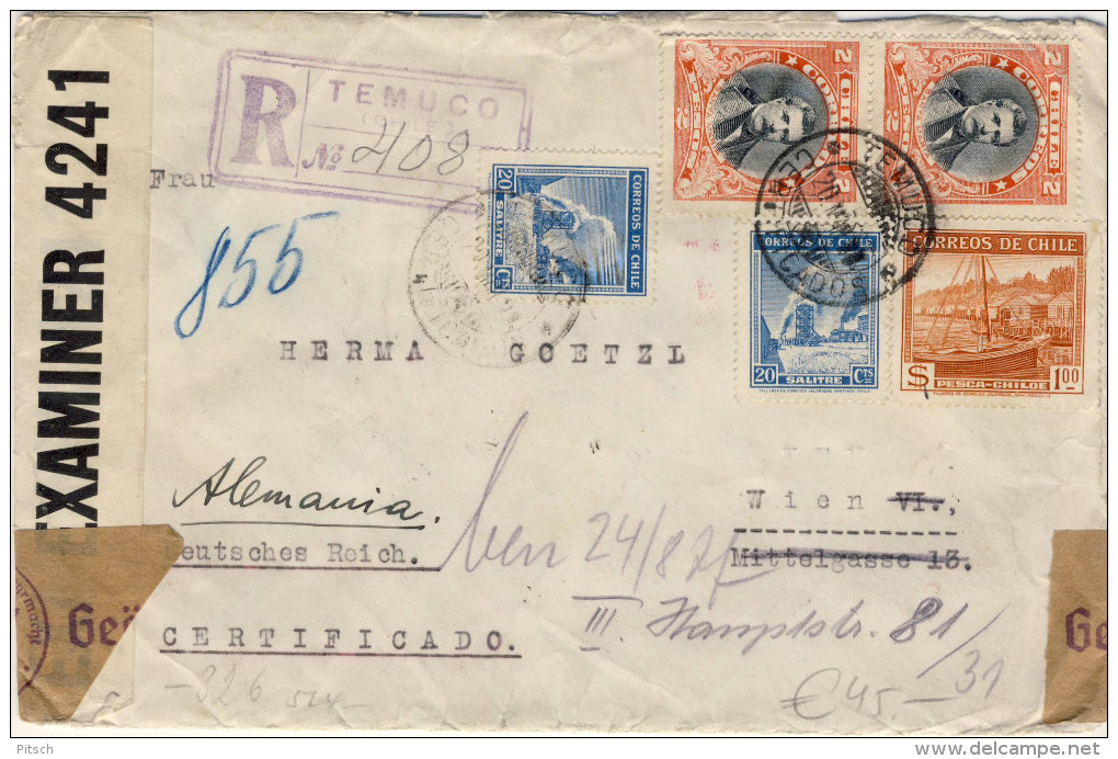 Registered Chile To Austria 1940 - Double Censored - Chili