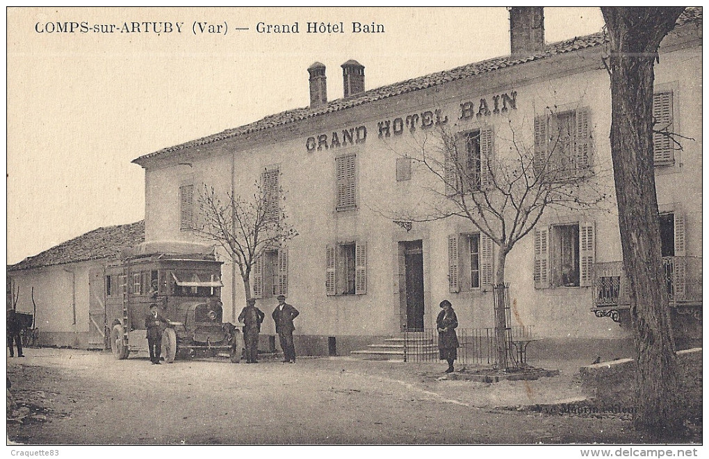 COMPS-SUR-ARTUBY  GRAND HOTEL BAIN -AUTOCAR -   TRES BELLE  CARTE ANIMEE - Comps-sur-Artuby