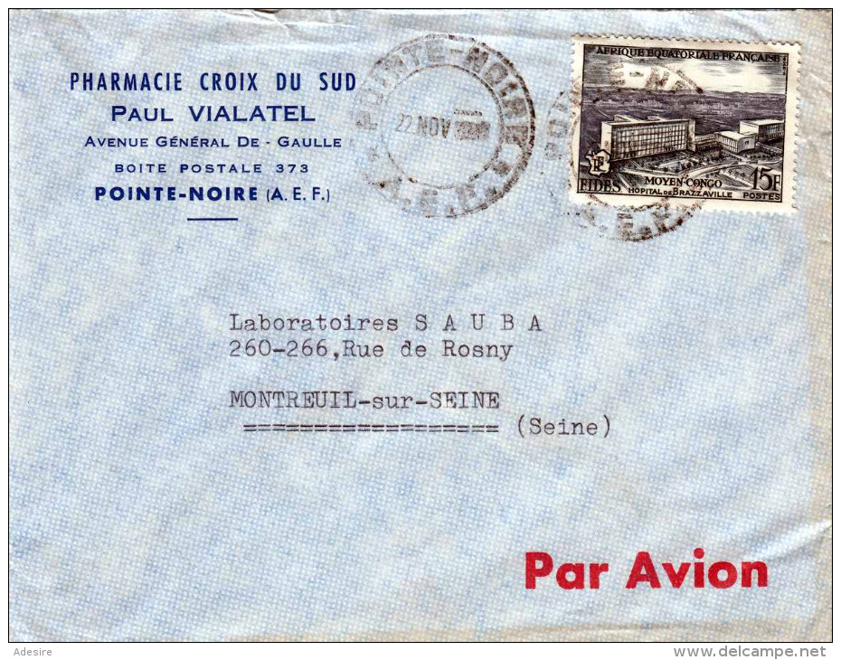 CONGO 1955?, 15 F Auf LP-Brief Von Pointe-Noire (A.E.F.) Nach Montreuil - Gebraucht