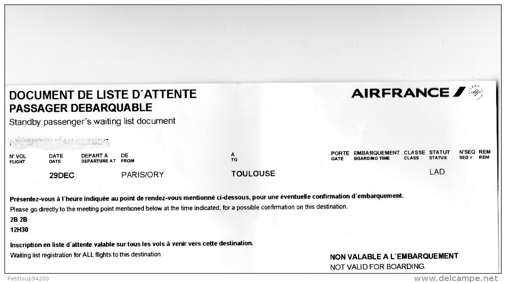 AIR FRANCE  Document Liste D'Attente  Waiting List Document  PARIS/TOULOUSE - Tickets