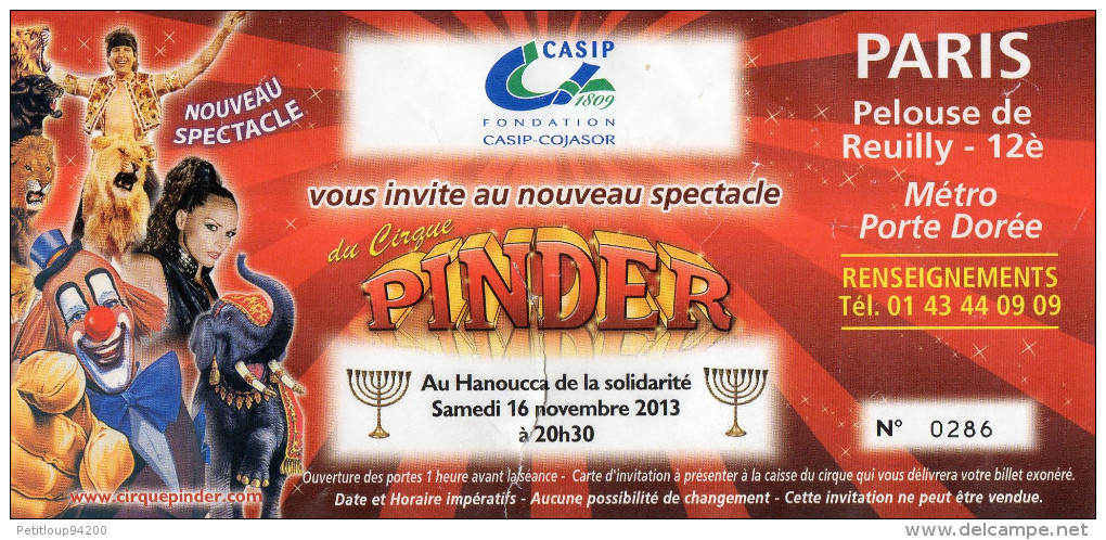 TICKET D'ENTREE  CIRQUE PINDER   Paris  Novembre 2013 - Tickets - Vouchers