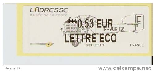 VIGNETTE LISA - L´ADRESSE - BREGUET XIV - MENTION 0,53 EUR LETTRE ECO- NEUF - 2010-... Vignettes Illustrées