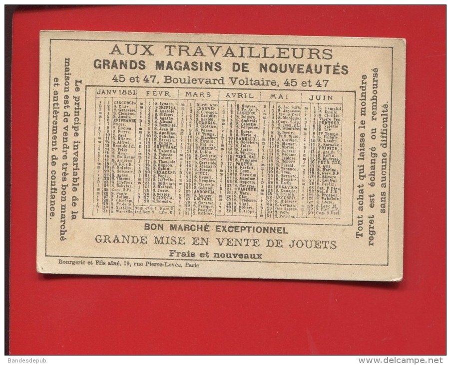 PARIS TRAVAILLEURSBD VOLTAIRE CHROMO CALENDRIER BOURGERIE 1881  CUISINIER CUISINE  CHAT - Kleinformat : ...-1900