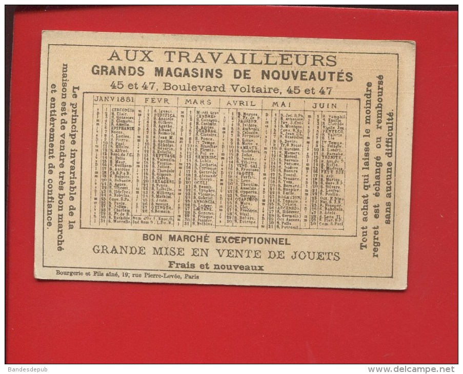 PARIS TRAVAILLEURSBD VOLTAIRE CHROMO CALENDRIER BOURGERIE 1881  CUISINIER DISTRAIT CUISINE - Tamaño Pequeño : ...-1900