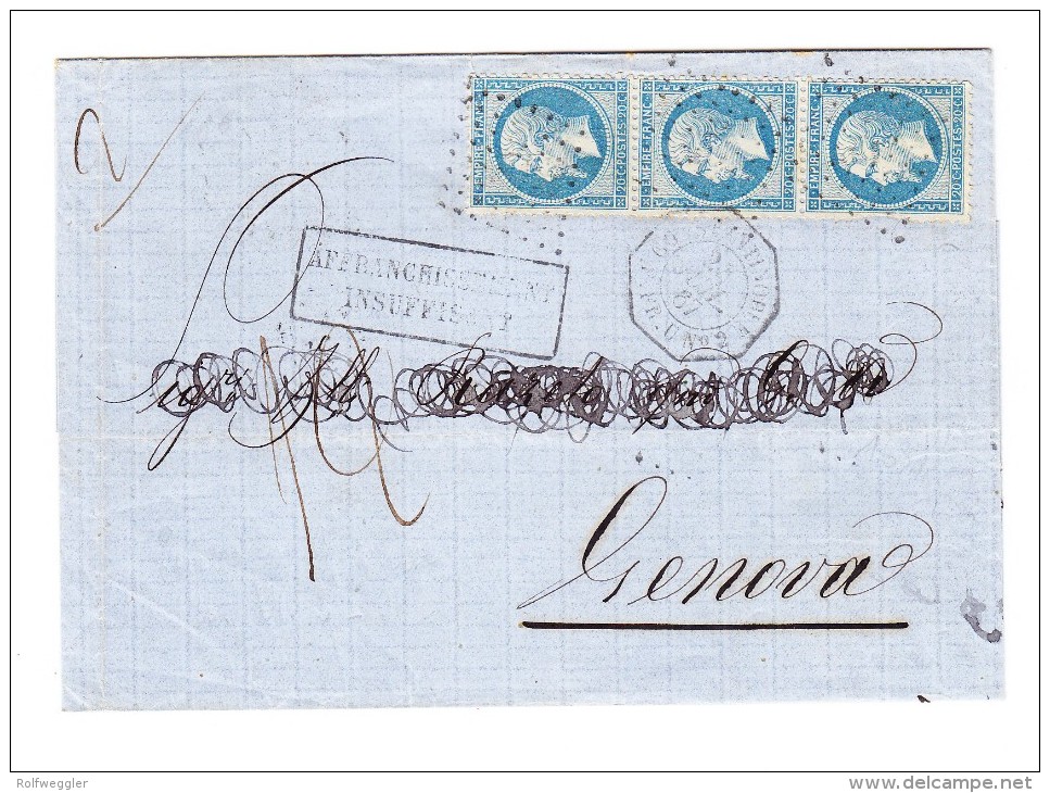 1867 -Brief Von Constantinopel Nach Genova Transit Und Ak-Stempel + "Affranchissemnt Insuffisant" - Lettres & Documents